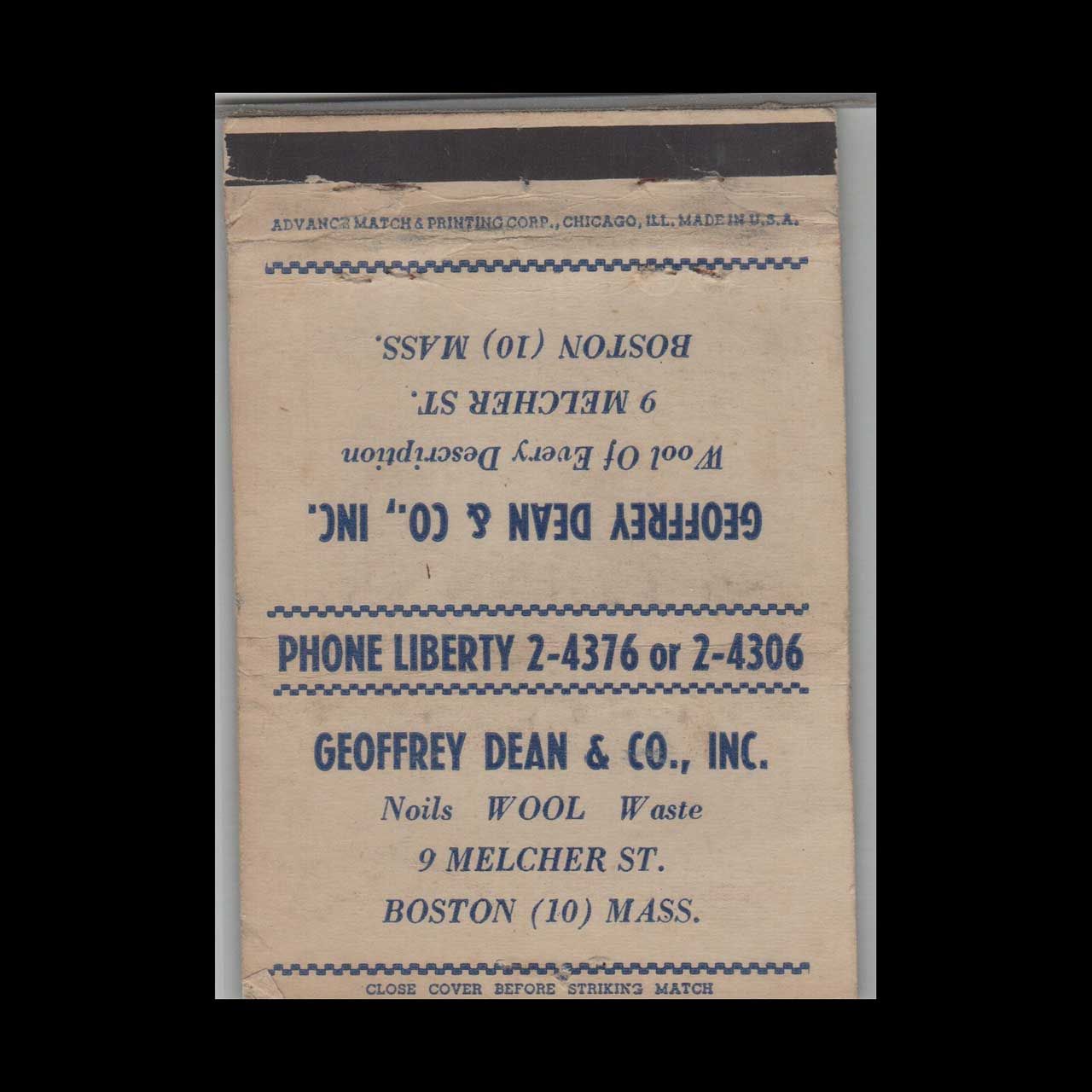 Geoffrey Dean &amp; Co. Inc Noils Wood Waste Boston MA #1 Vintage Matchbook Advertising Cover