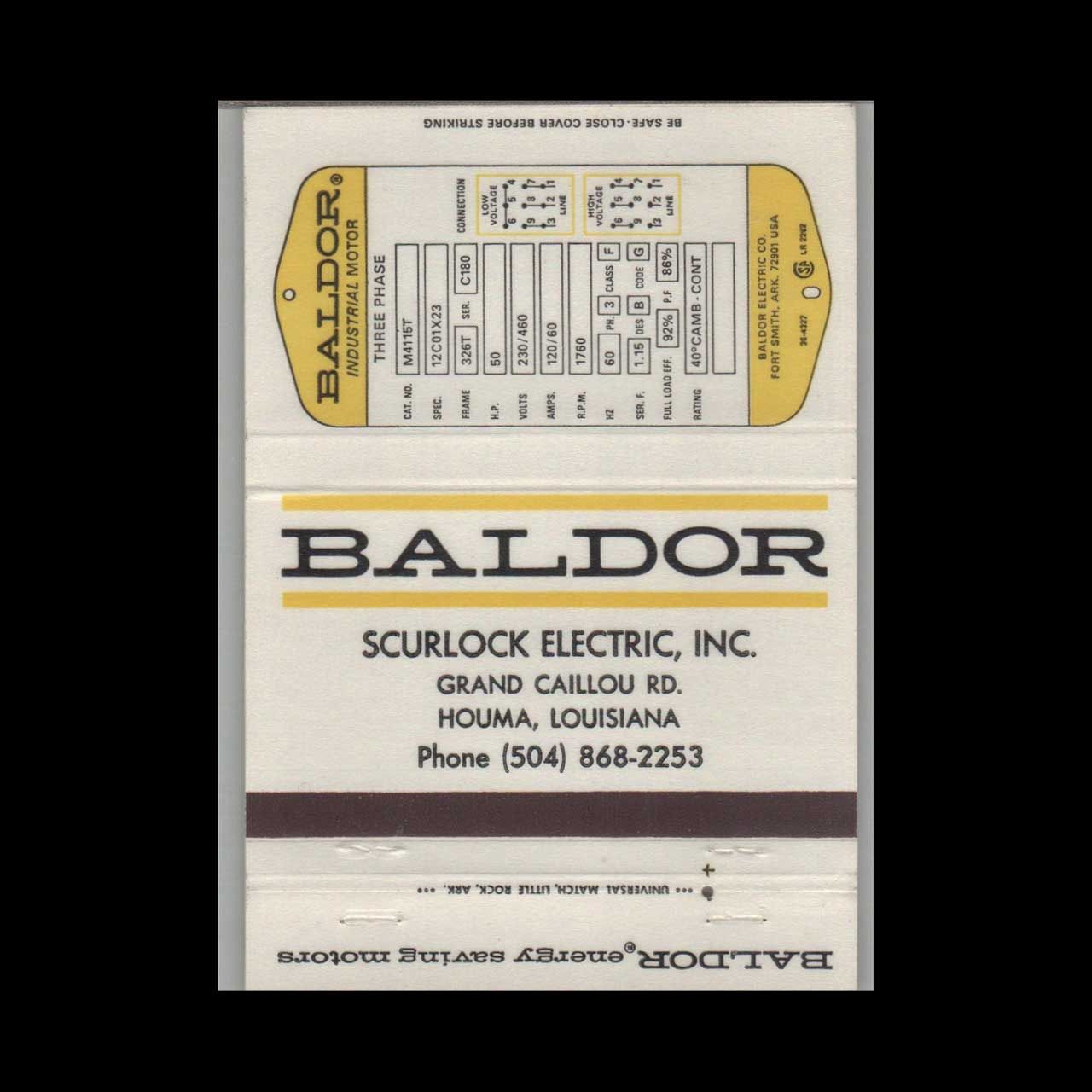 Baldor Scurlock Electric Inc Houma LA Vintage Matchbook Advertising Cover