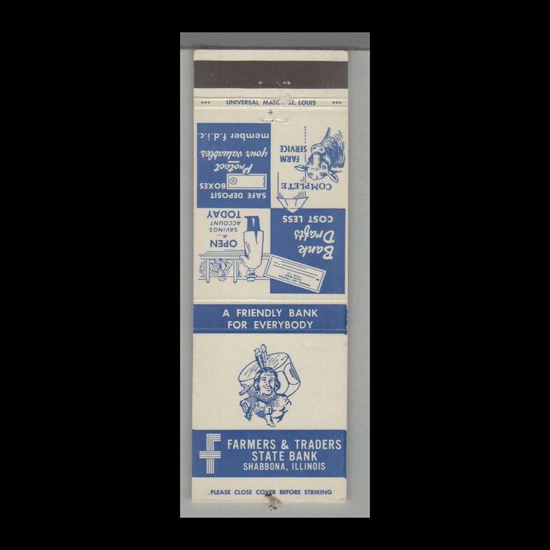 Farmers &amp; Traders State Bank Shabbona, IL Vintage Matchbook Advertising Cover