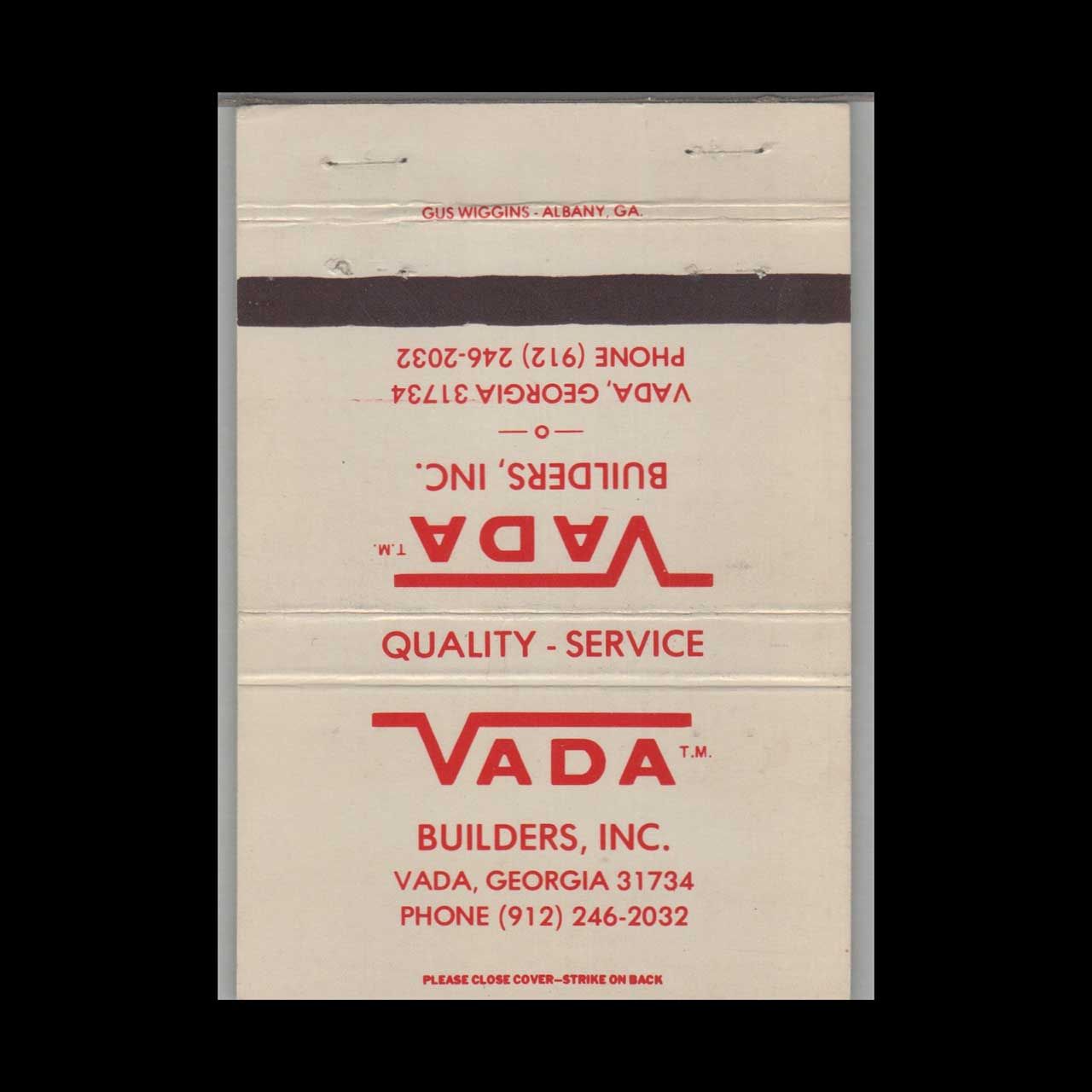 Vada Builders Inc Vada GA Vintage Matchbook Advertising Cover