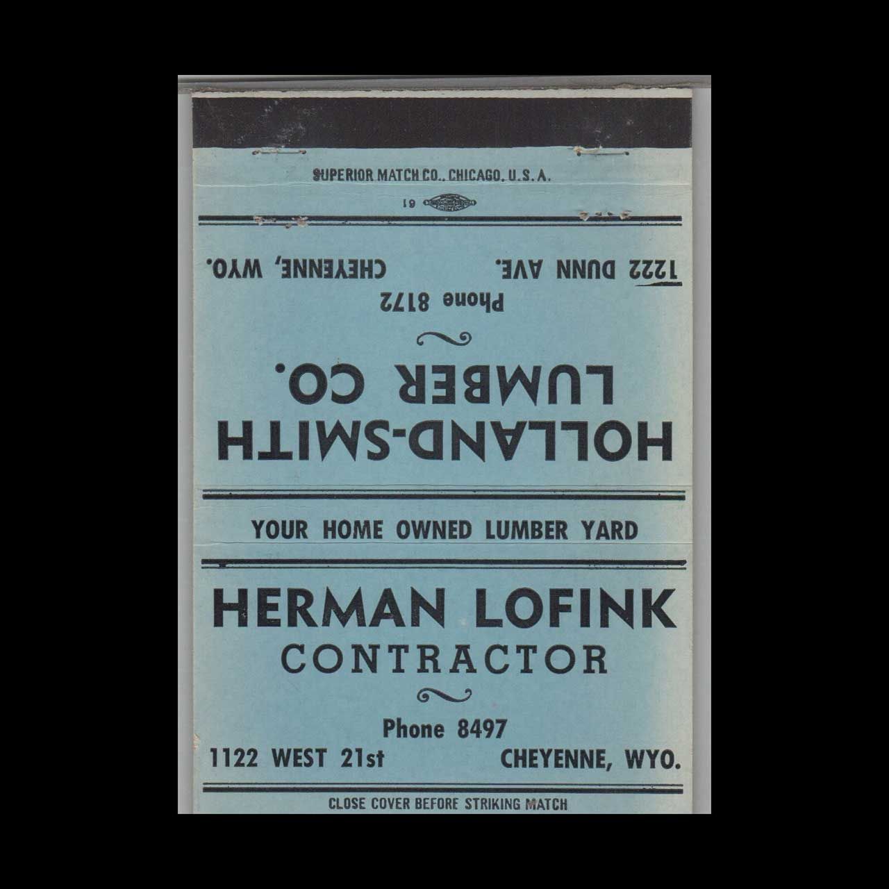 Holland-Smith Lumber Co Cheyenne WY Blue Vintage Matchbook Advertising Cover