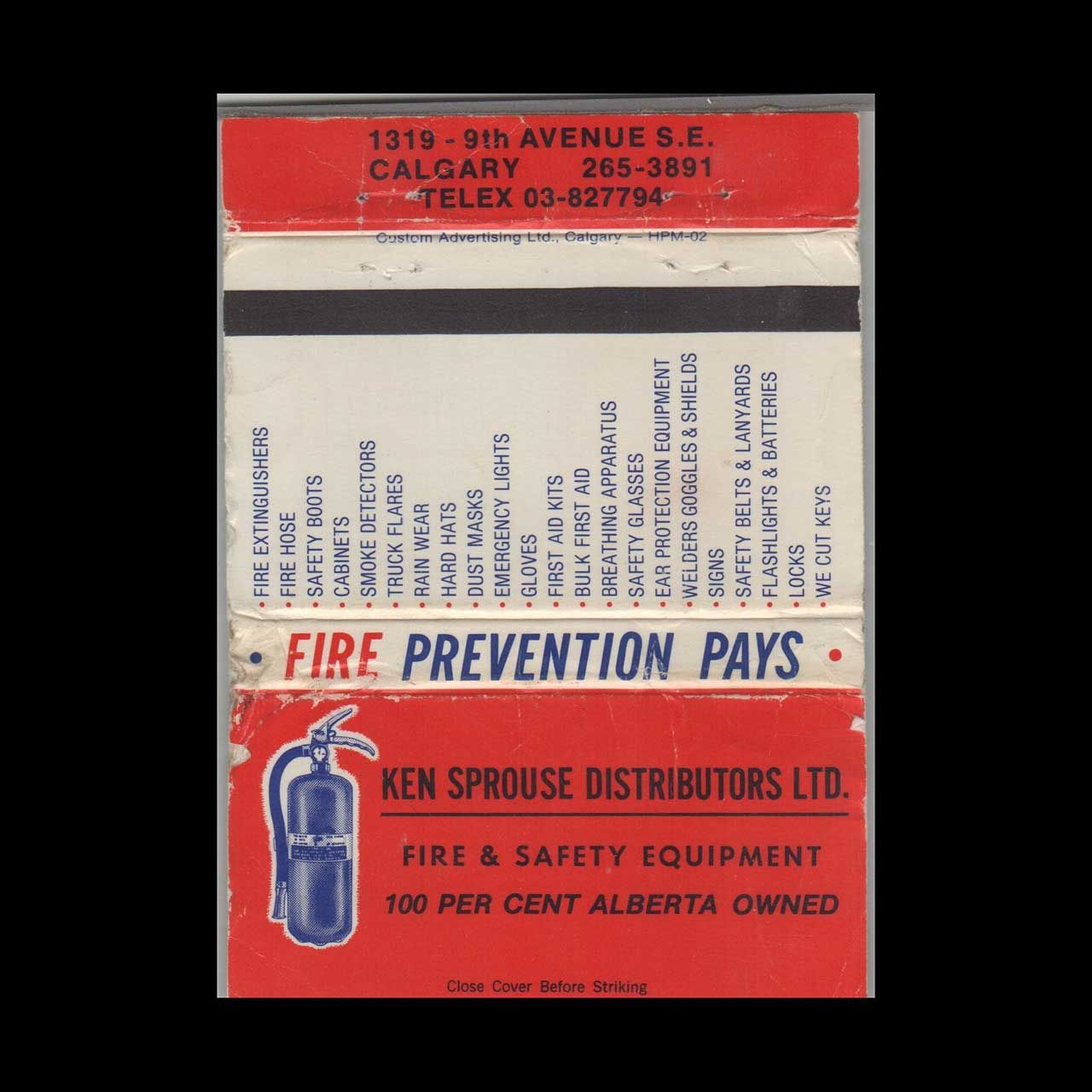 Ken Sprouse Distributors Ltd Fire Safety Equipment Calgary AB Vintage Matchbook Advertising Cover
