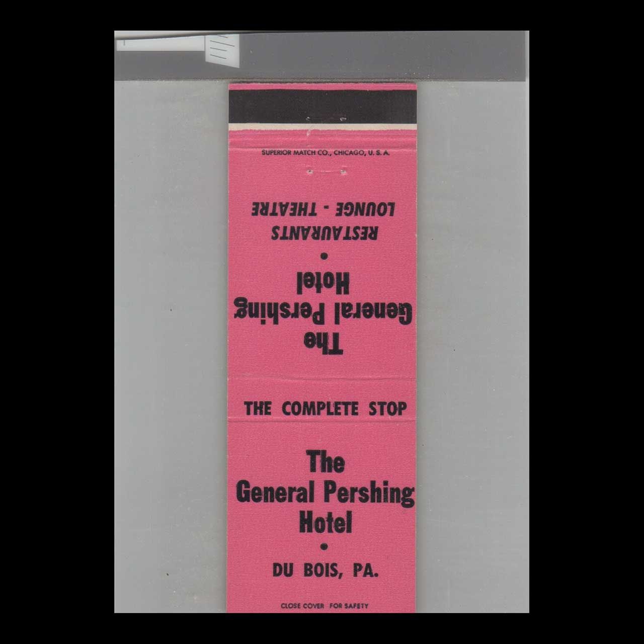 The General Pershing Hotel Du Bois, PA Vintage Matchbook Advertising Cover