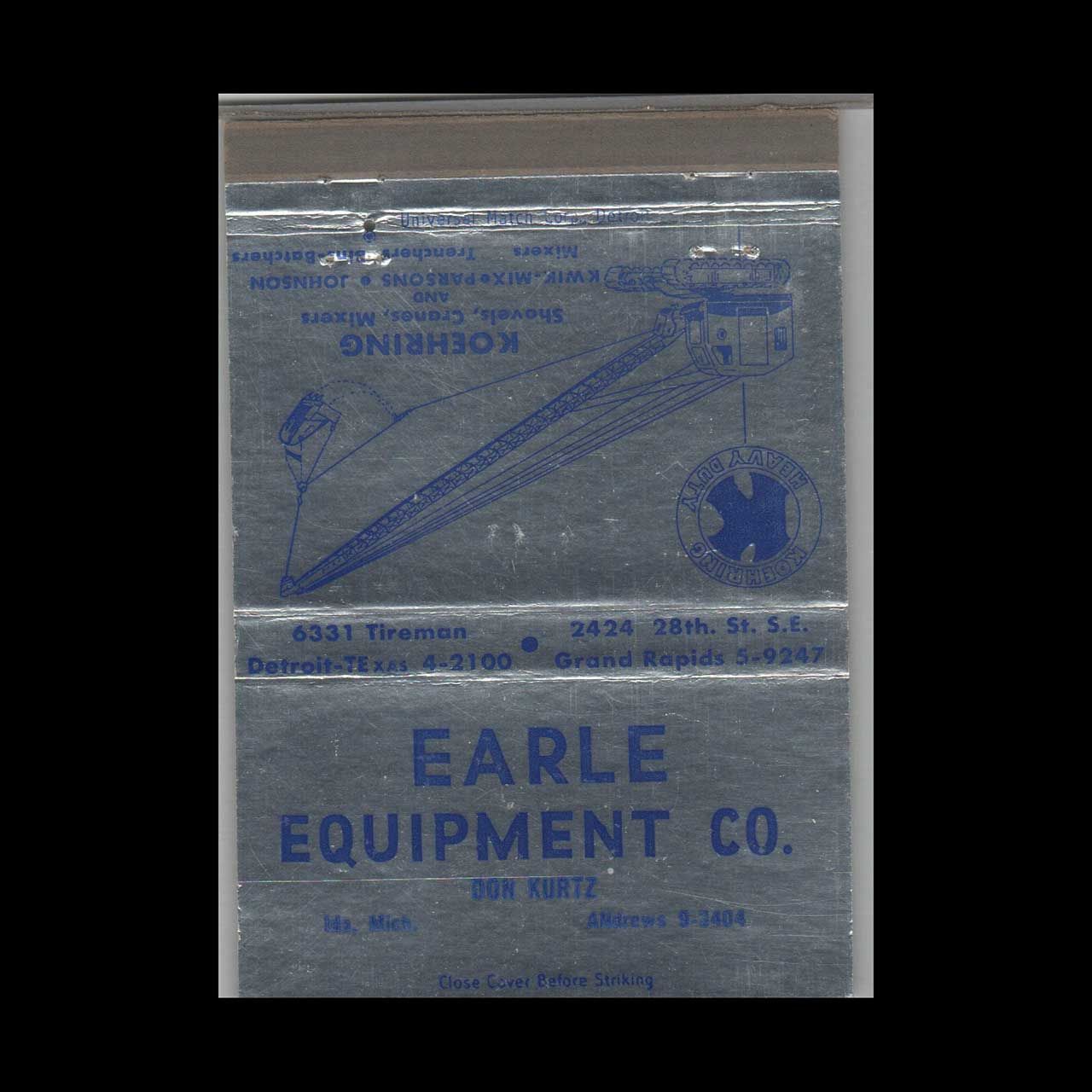 Earle Equipment Co. Don Kurtz Ida MI Vintage Matchbook Advertising Cover