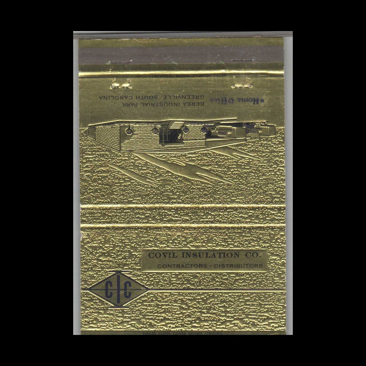 Covil Insulation Co. Greenville SC #2 Vintage Matchbook Advertising Cover