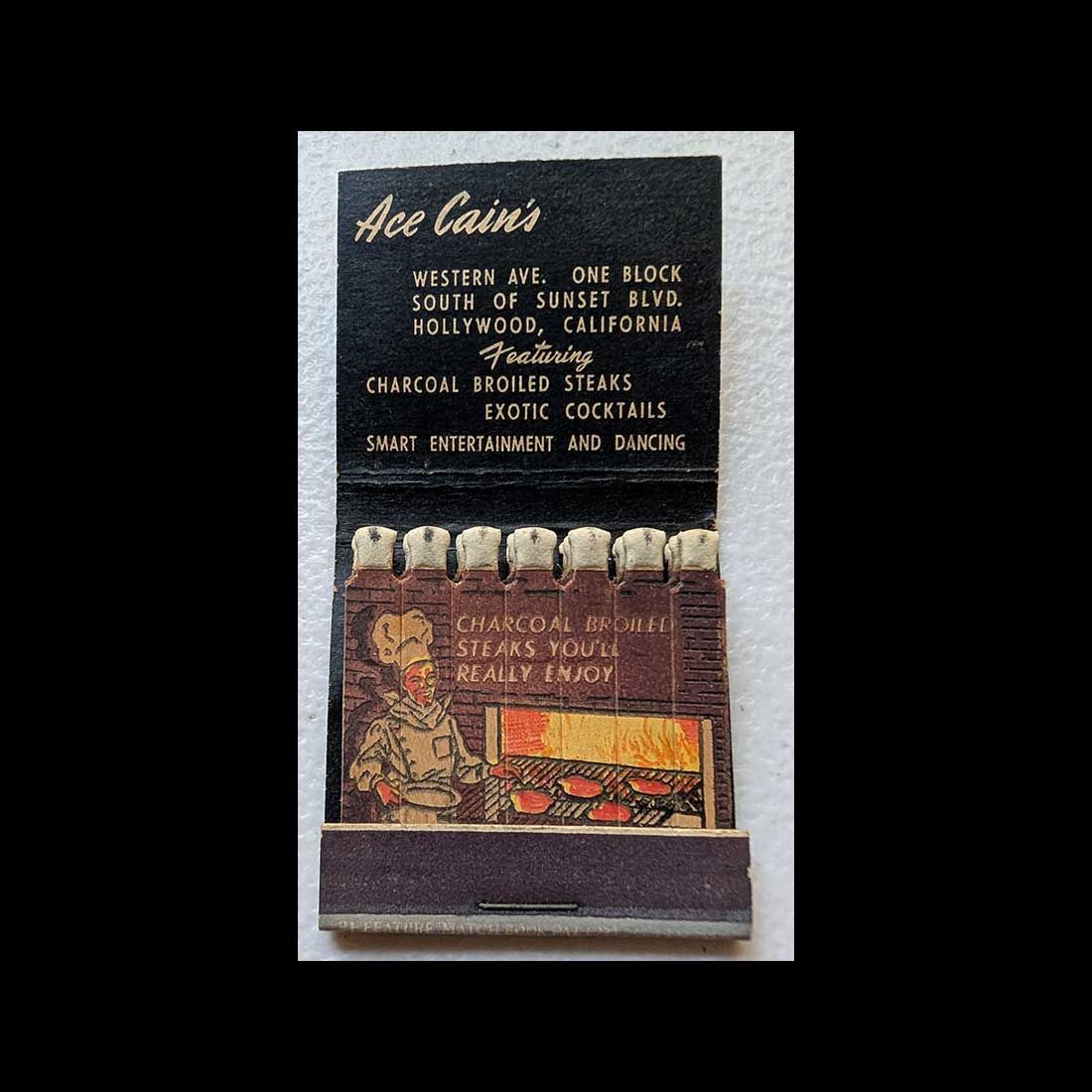 Feature Matchbook Full Book Ace Cain&#39;s Restaurant Hollywood, CA Vintage Matchbook Advertising Cover