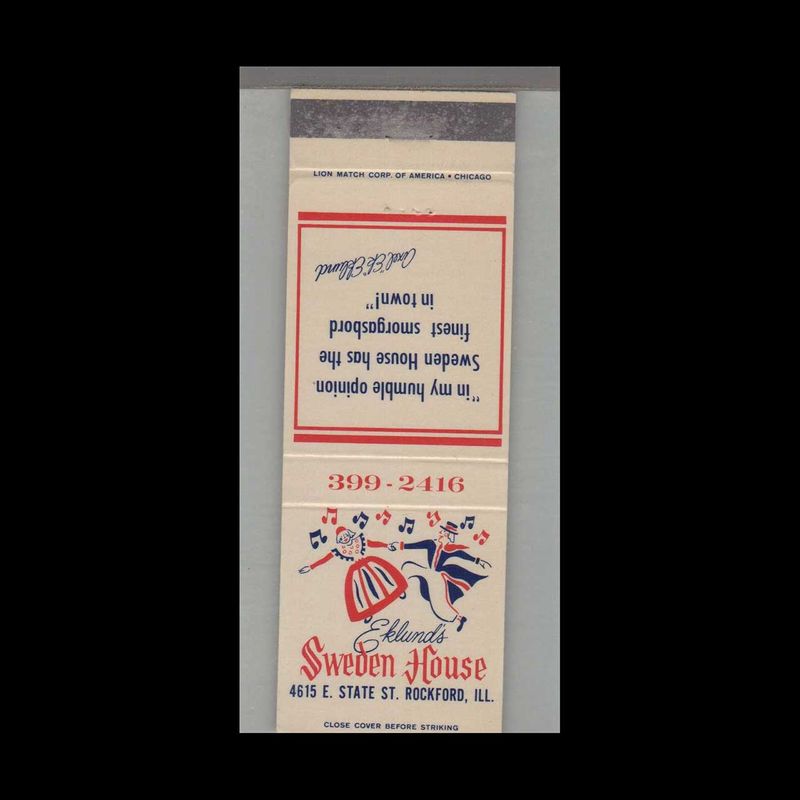 Music Related -  Sweden House Restaurant Rockford, IL Vintage Matchbook Advertising Cover