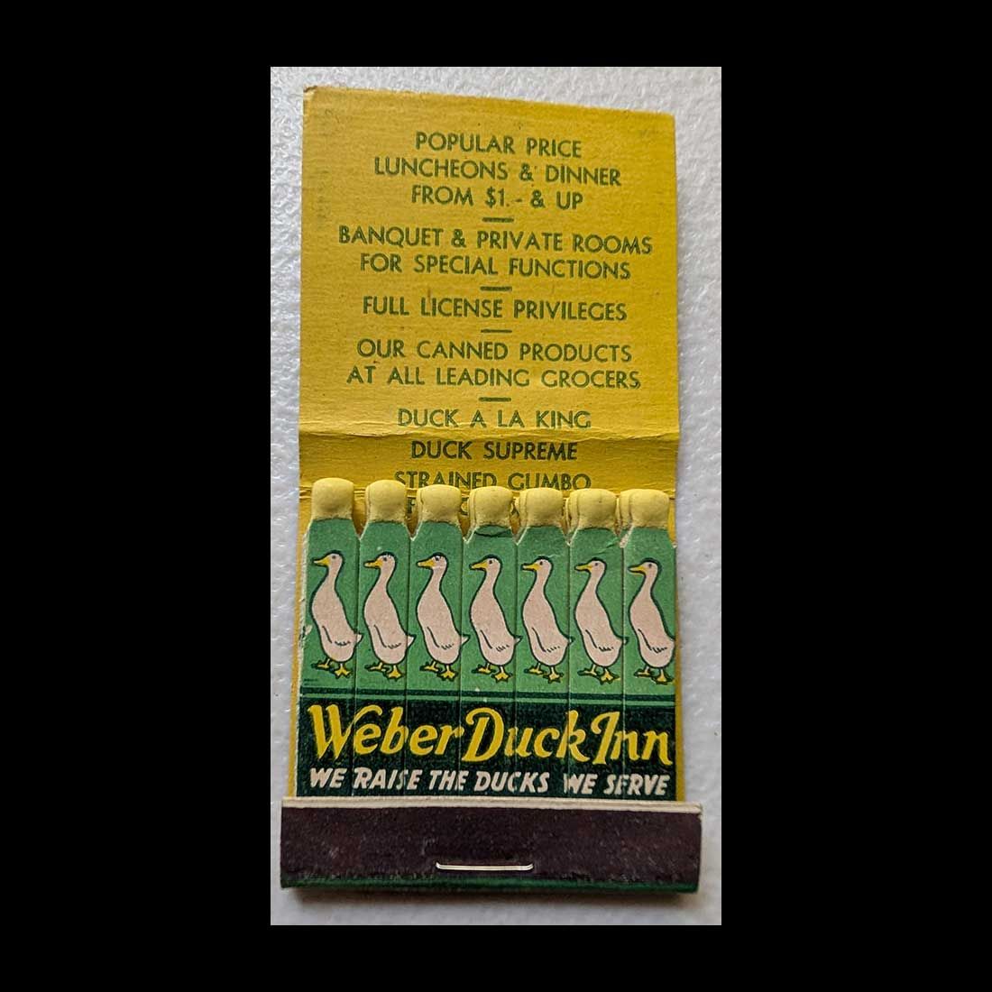 Feature Matchbook Full Book Weber Duck Inn Wrentham, MA Vintage Matchbook Advertising Cover
