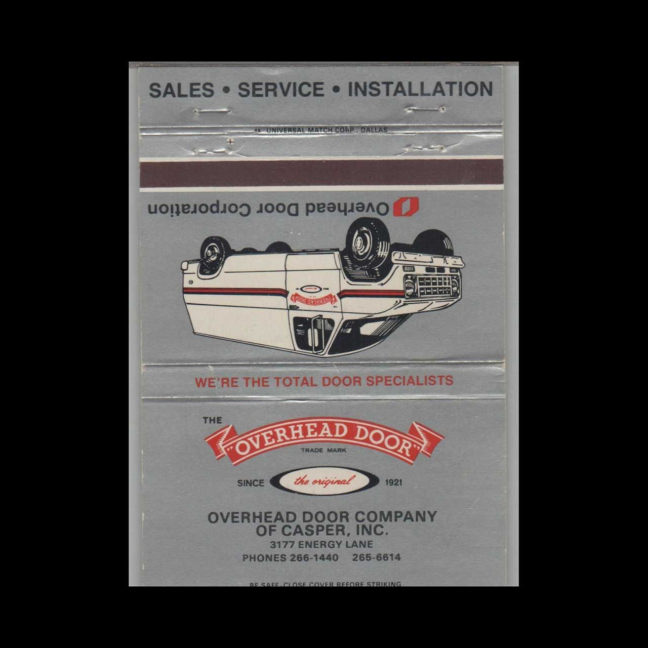 Overhead Door Company of Casper WY Vintage Matchbook Advertising Cover