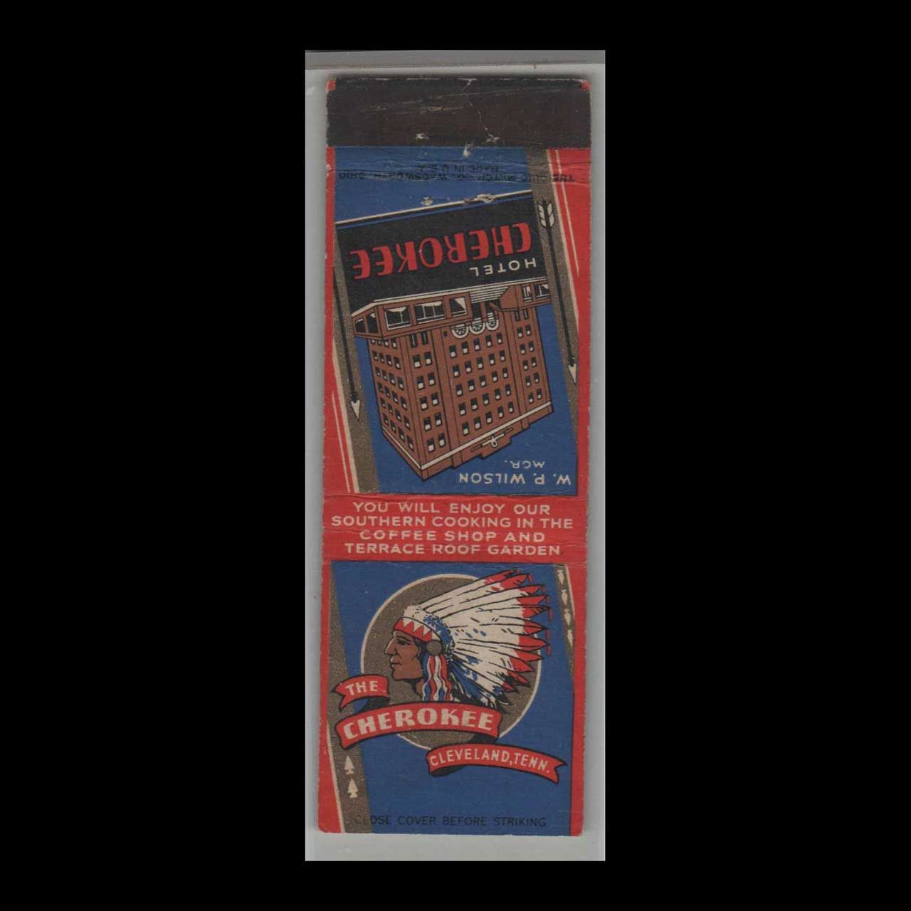 Vintage Hotel The Cherokee Hotel Cleveland, TN Vintage Matchbook Advertising Cover