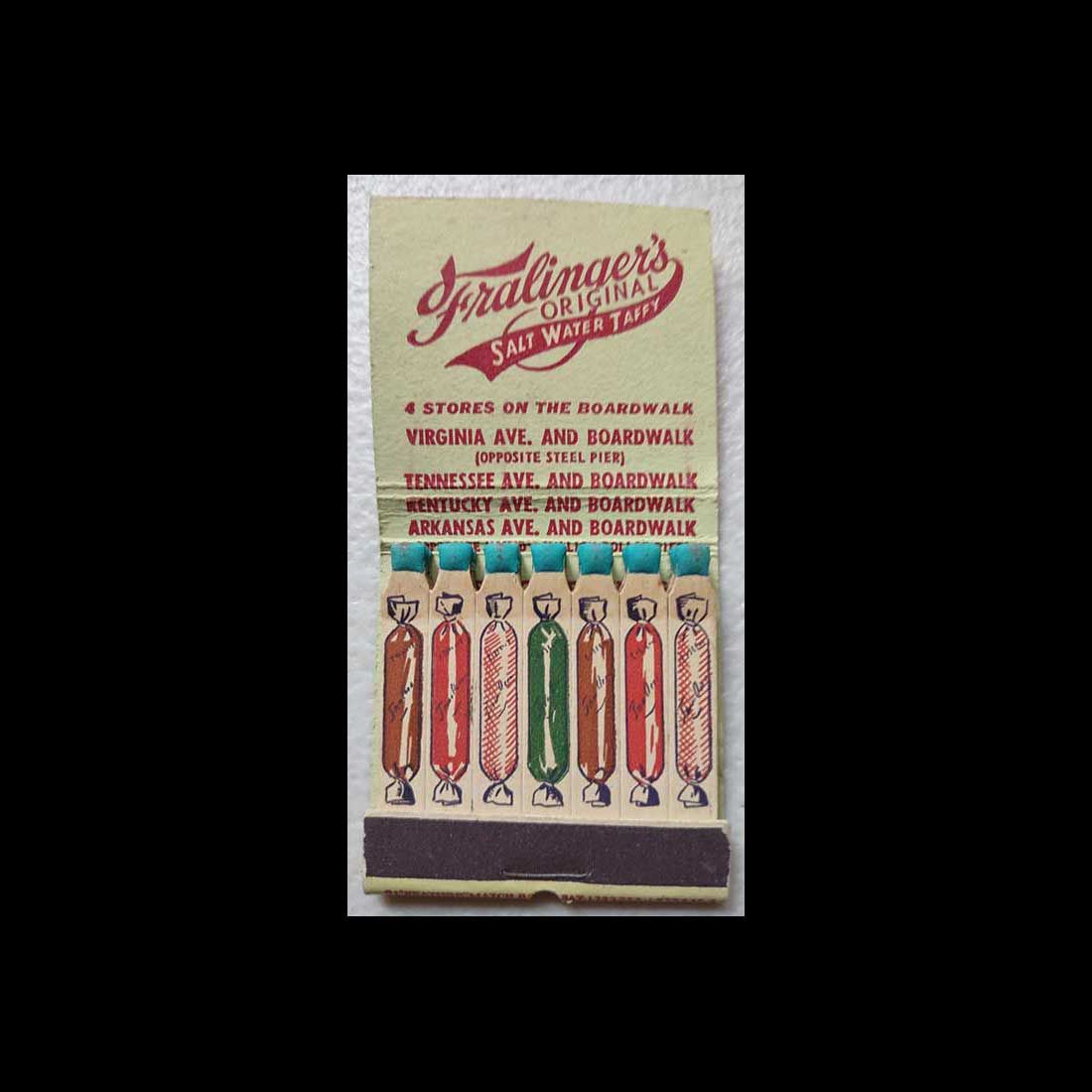 Vintage Feature Matchbook Fralinger&#39;s Original Salt Water Taffy Atlantic City NJ Vintage Matchbook Advertising Cover