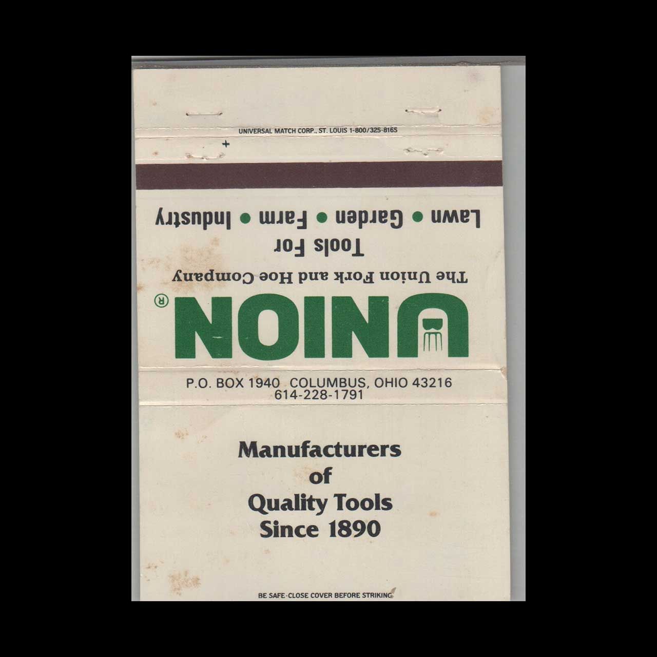 Union  Fork &amp; Hoe Company Columbus OH #2 Vintage Matchbook Advertising Cover