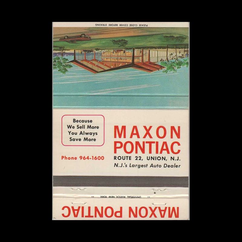 Pontiac Dealer Maxon Pontiac Union, NJ Vintage Matchbook Advertising Cover