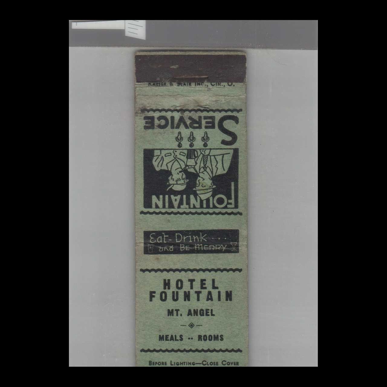 Hotel Fountain Mt. Angel Vintage Matchbook Advertising Cover