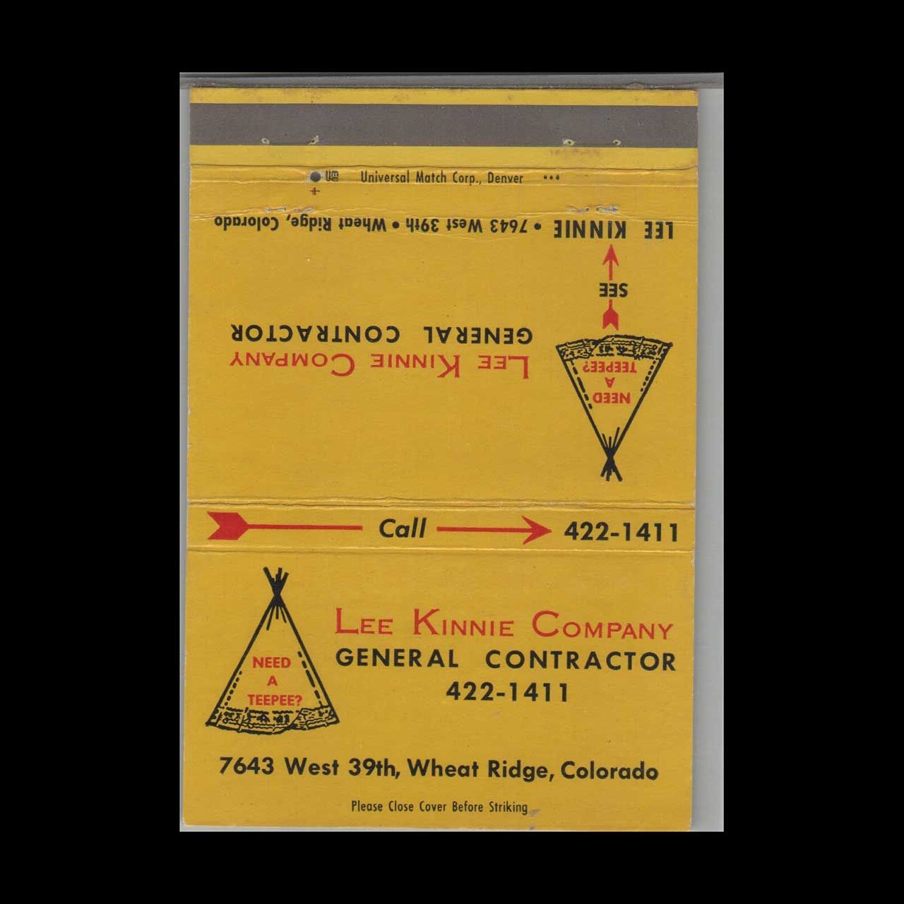 Lee Kinnie Company General Contractor Wheat Ridge CO Vintage Matchbook Advertising Cover