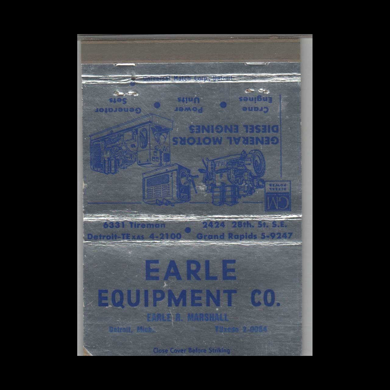 Earle Equipment Co Earle R. Marshall Detroit MI Vintage Matchbook Advertising Cover