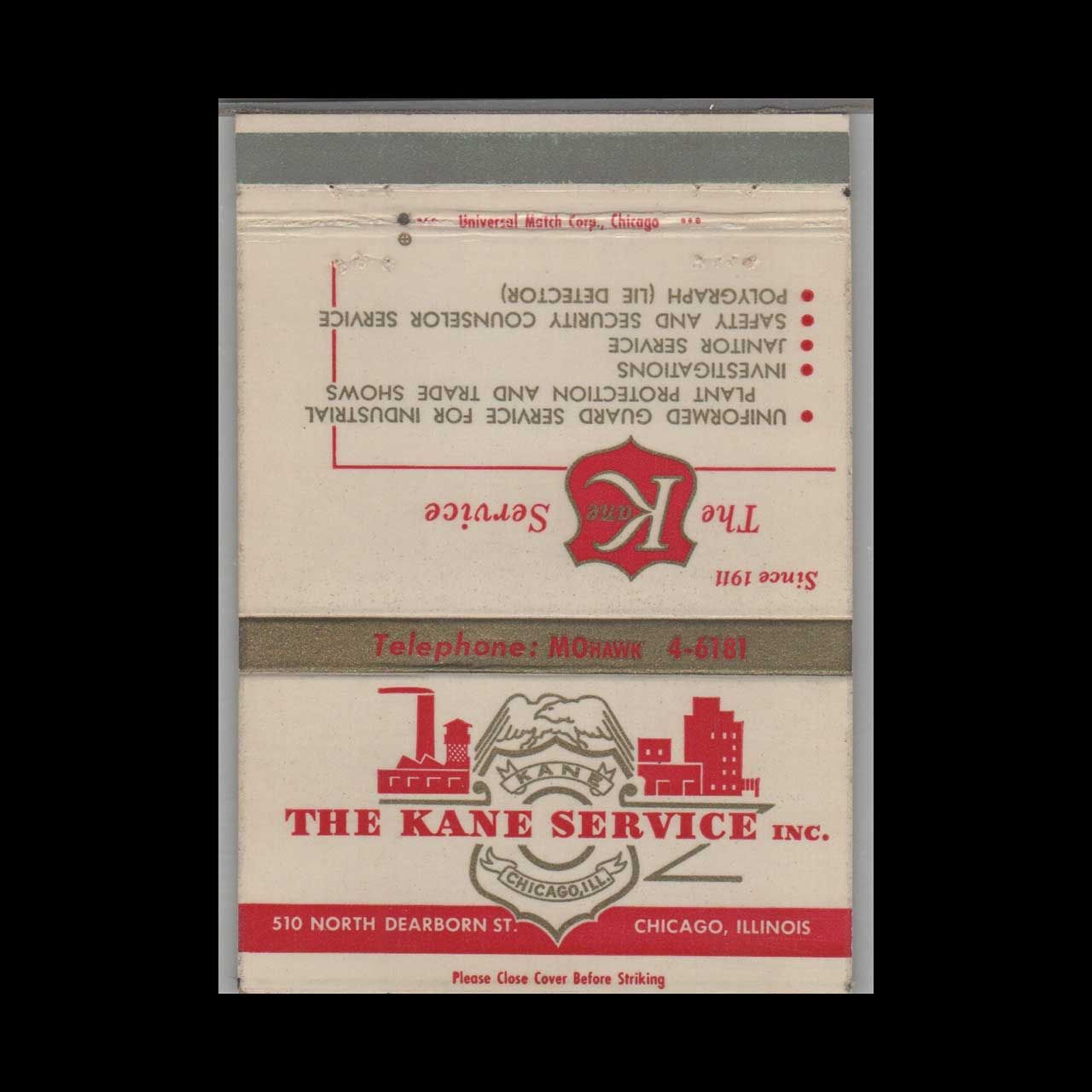 The Kane Service Chicago IL Vintage Matchbook Advertising Cover