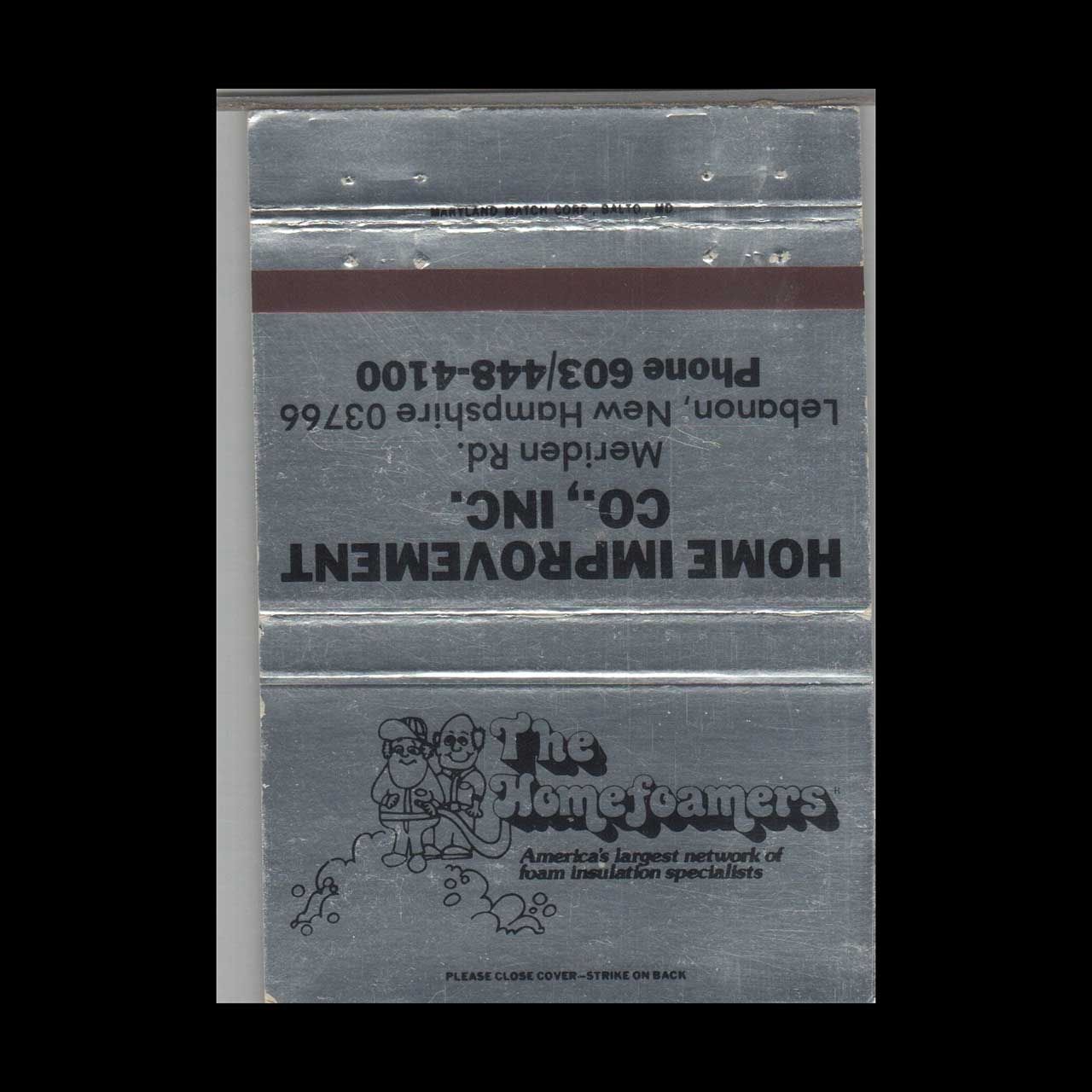 Homefoamers Co Inc Lebanon NH Silver Vintage Matchbook Advertising Cover