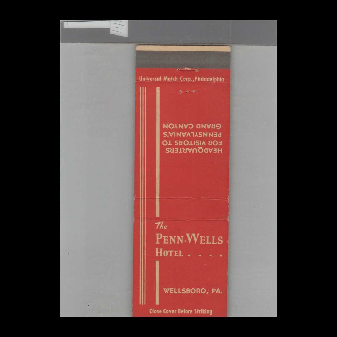 The Penn Wells Hotel Wellsboro, PA Vintage Matchbook Advertising Cover
