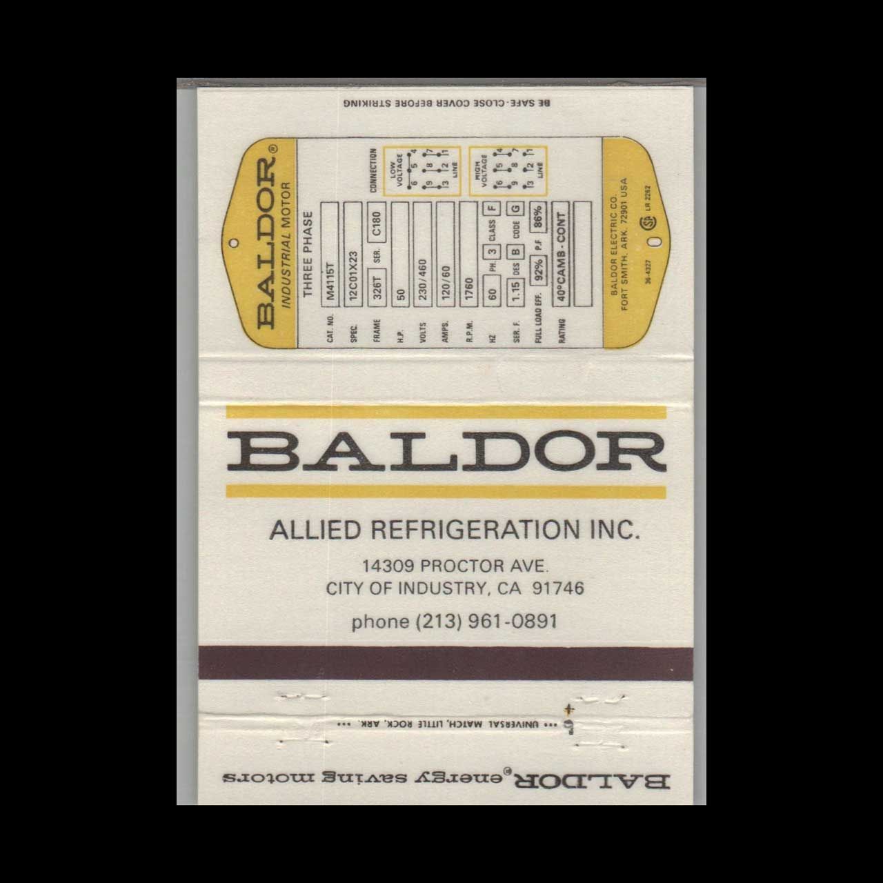 Baldor Allied Refrigeration Inc City Of Industry CA Vintage Matchbook Advertising Cover
