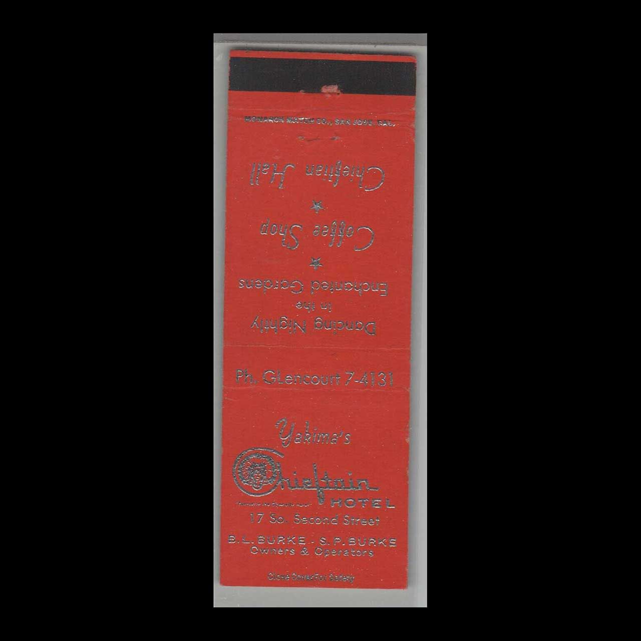 Vintage Hotel Chieftain Hotel Yakima, WA Vintage Matchbook Advertising Cover