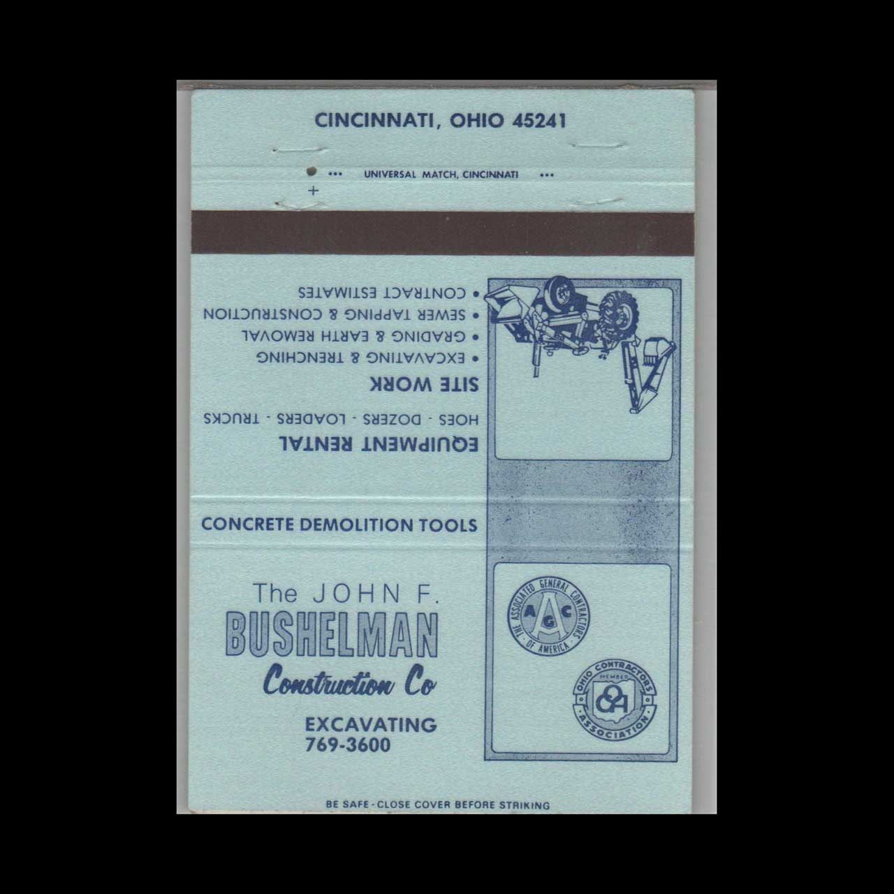 John F Bushelman Construction Co Cincinnati OH Vintage Matchbook Advertising Cover