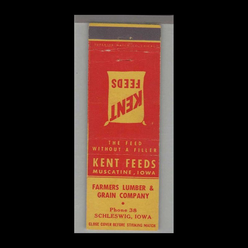 Farm Kent Feeds Farmers Lumber &amp; Grain Schleswig, IA Vintage Matchbook Advertising Cover