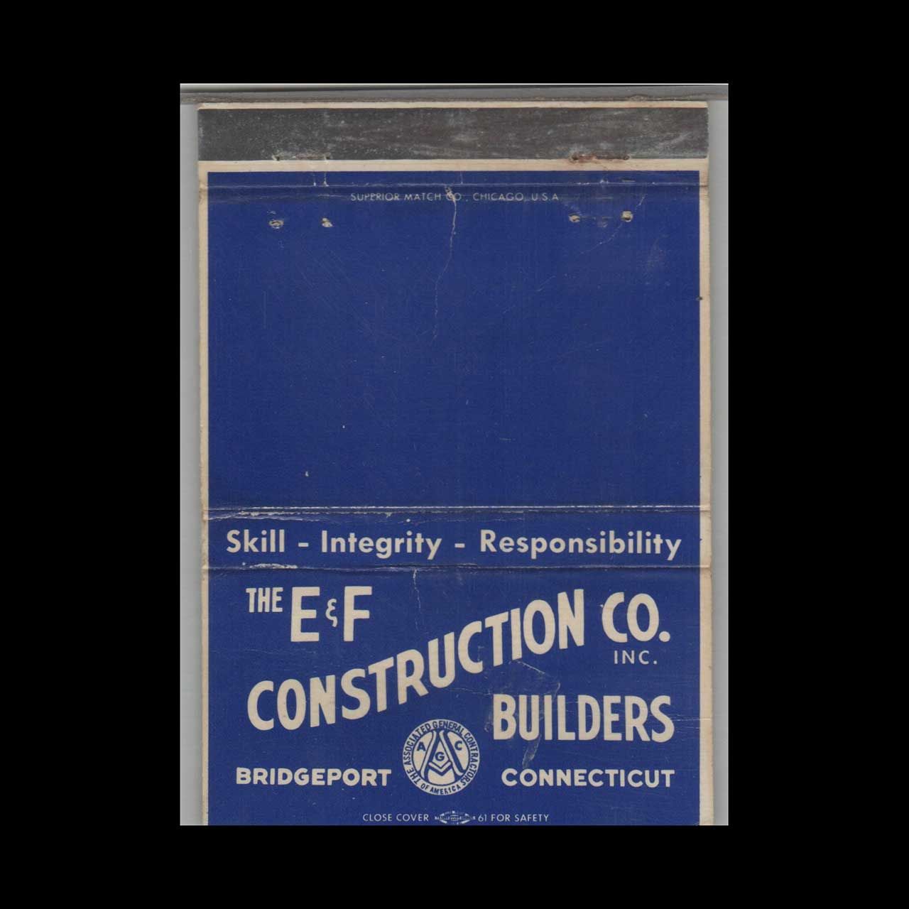 E &amp; F Construction Co Bridgeport CT Vintage Matchbook Advertising Cover