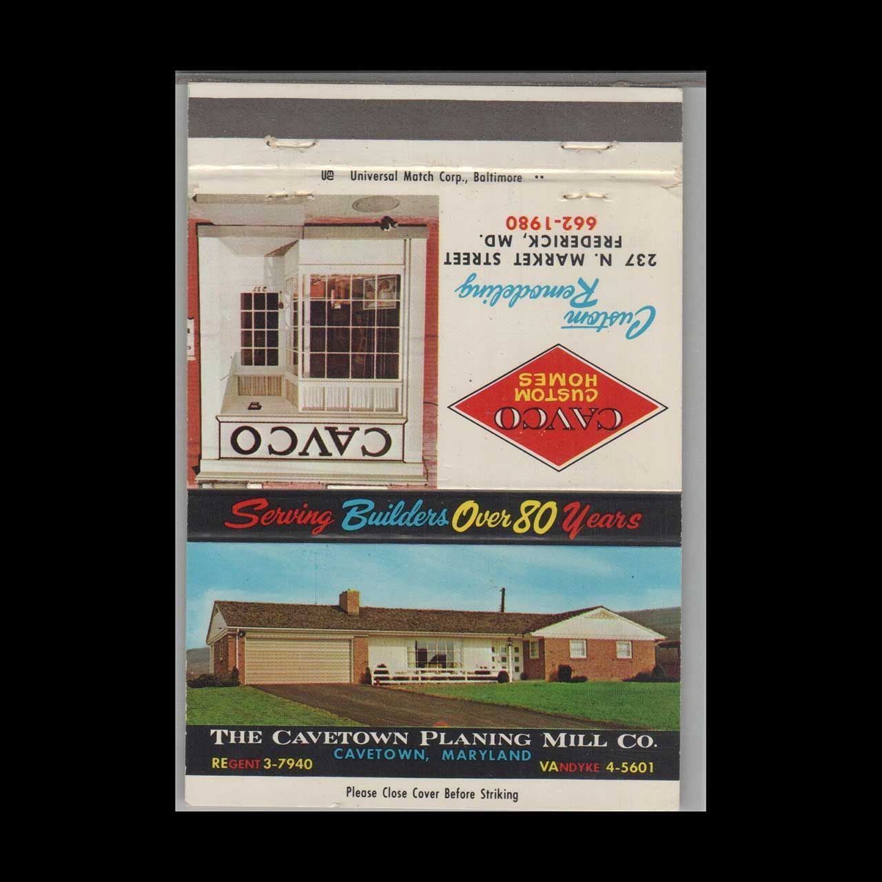Cavetown Planing Mill Cavetown MD #2 Vintage Matchbook Advertising Cover