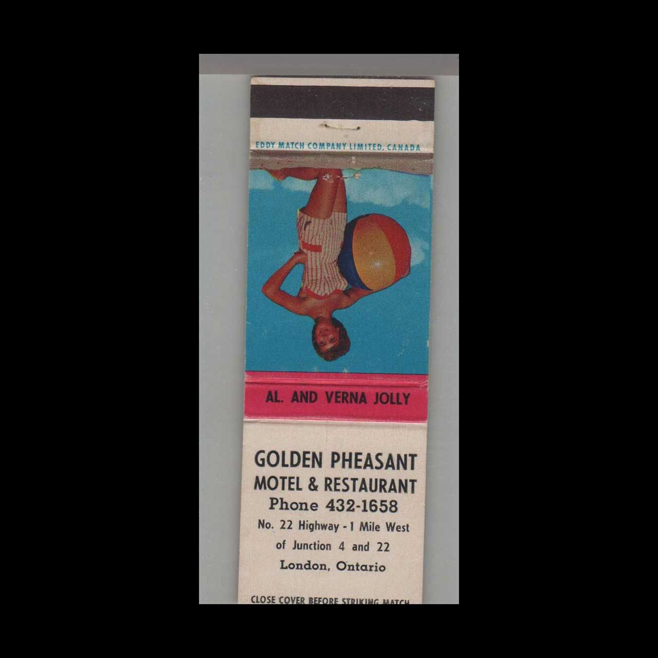 Pinup Golden Pheasant Motel &amp; Restaurant London, Ont. Vintage Matchbook Advertising Cover