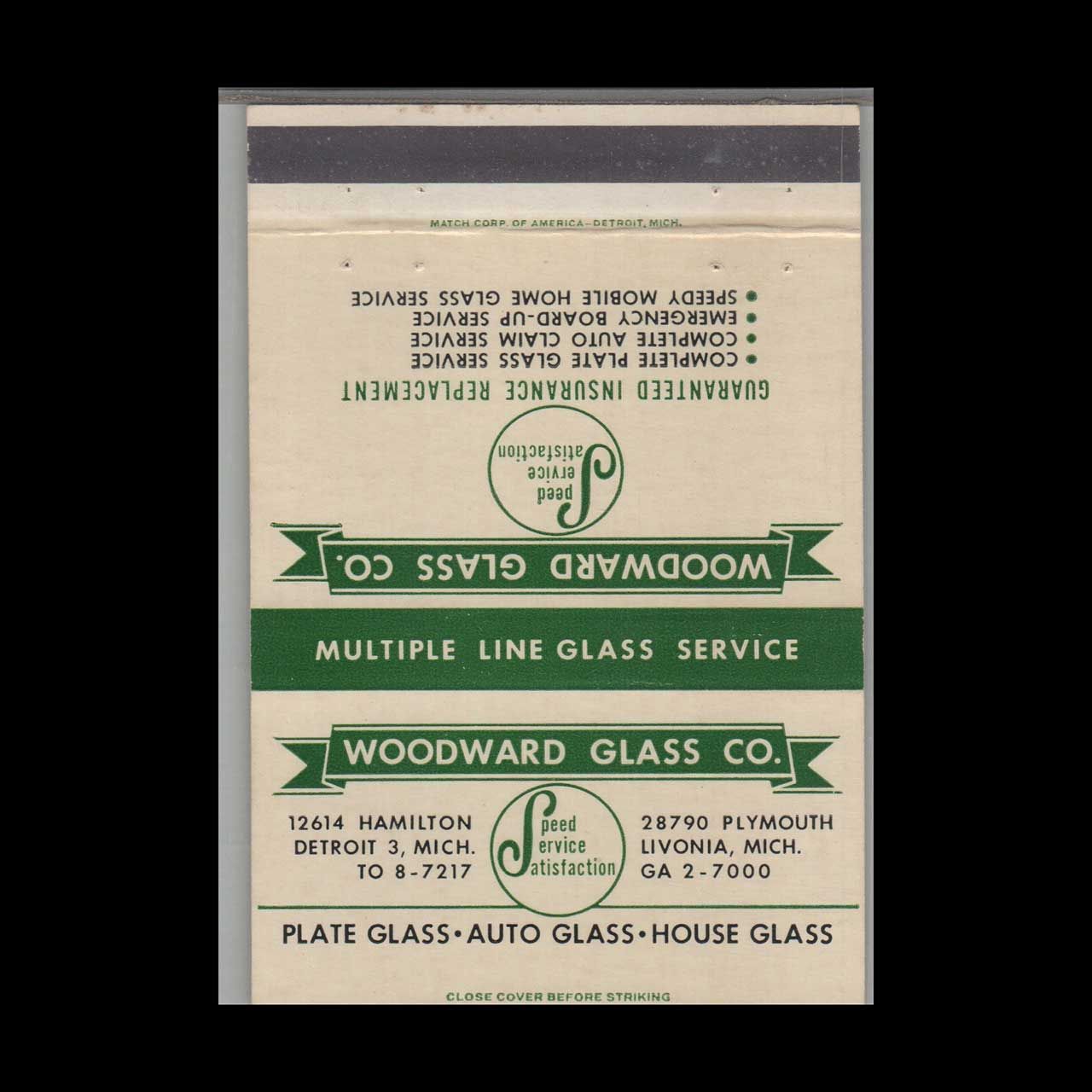 Woodward Glass Co Detroit MI Vintage Matchbook Advertising Cover