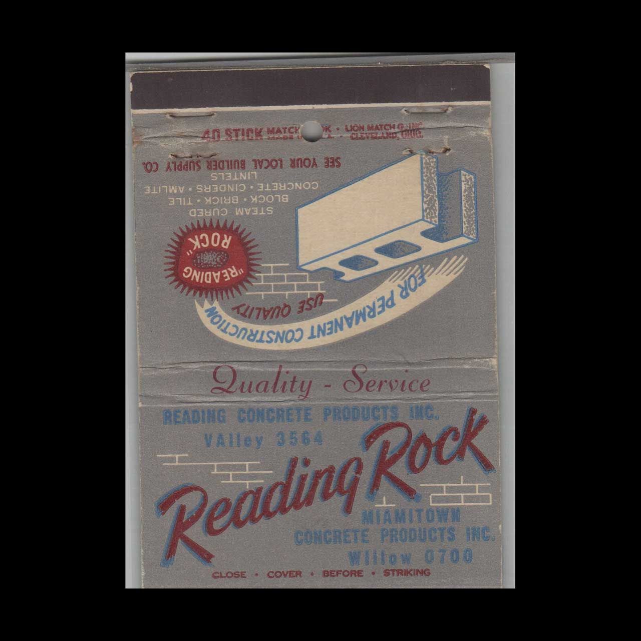 Reading Rock Miamitown OH Vintage Matchbook Advertising Cover