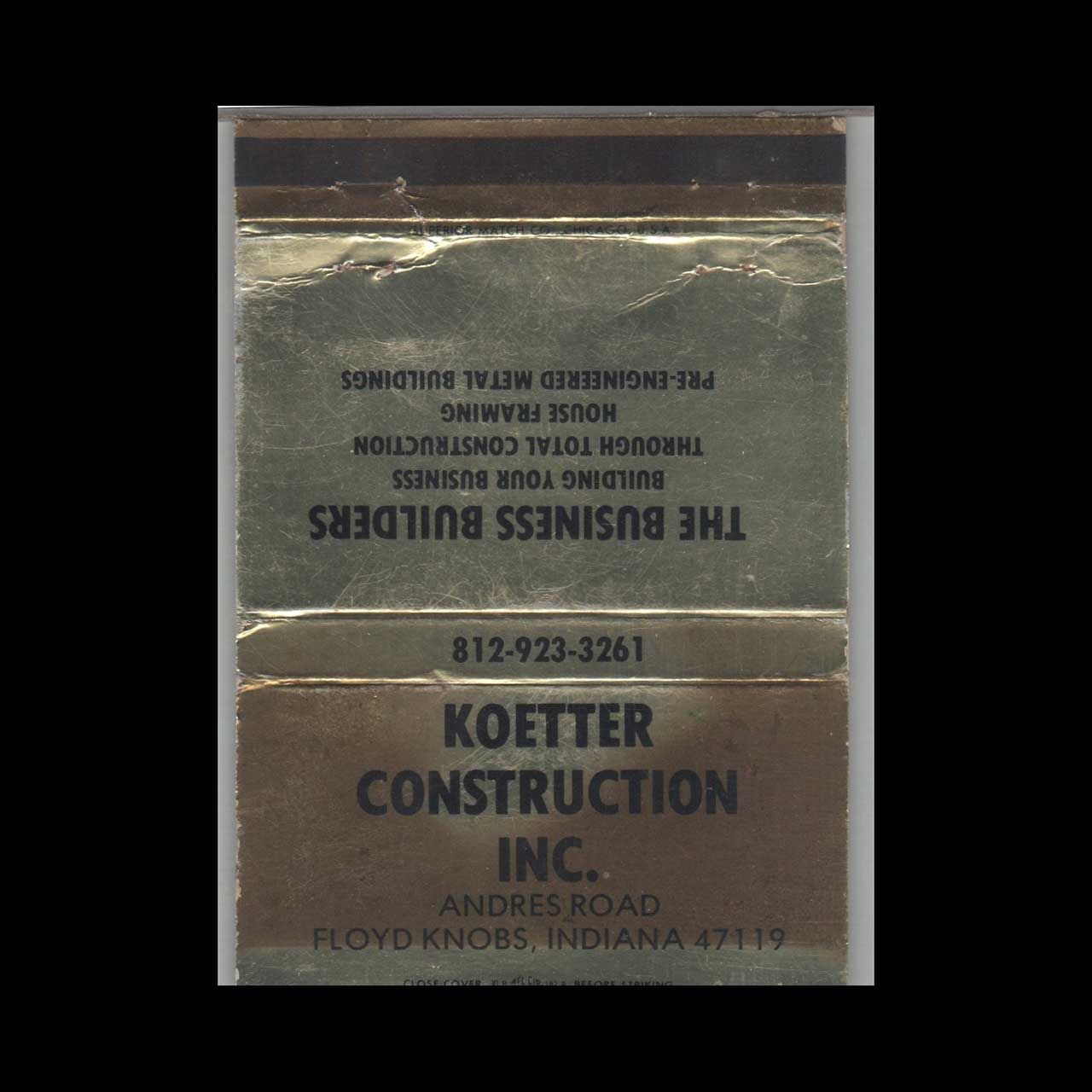 Koetter Construction Inc Floyd Knobs IN Vintage Matchbook Advertising Cover