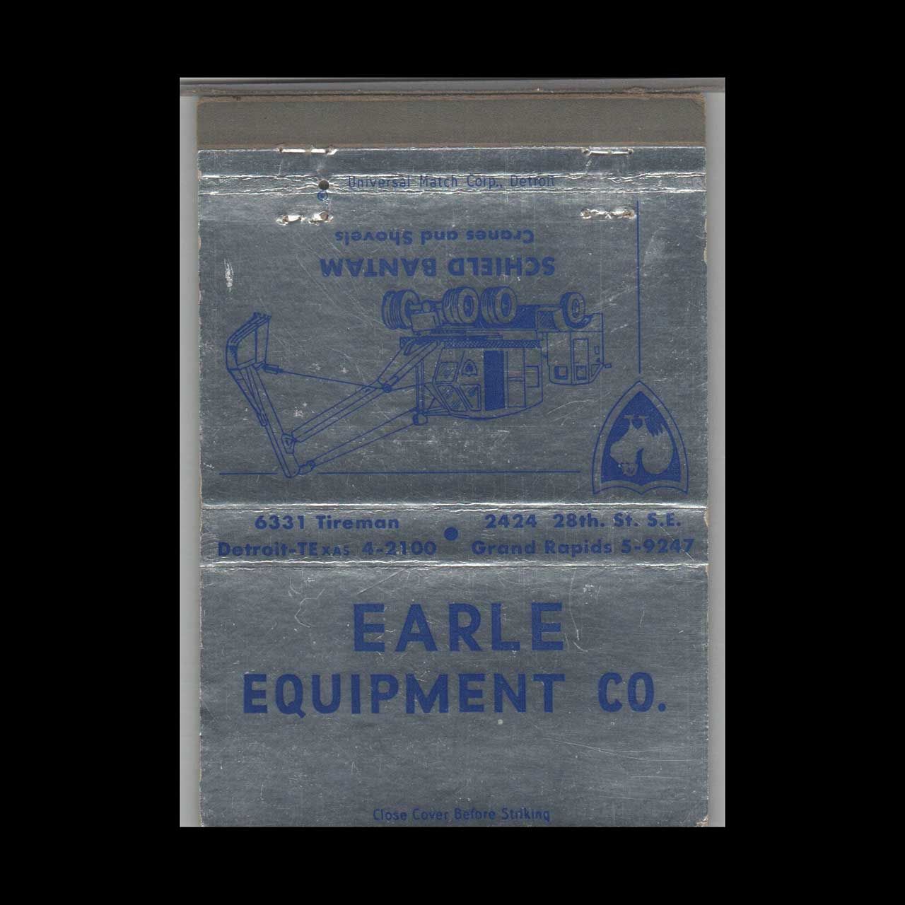 Earle Equipment Co Schield Bantam Cranes &amp; Shovels Detroit MI Vintage Matchbook Advertising Cover