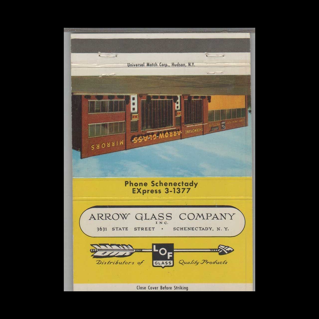 Arrow Glass Company Schenectady NY Vintage Matchbook Advertising Cover