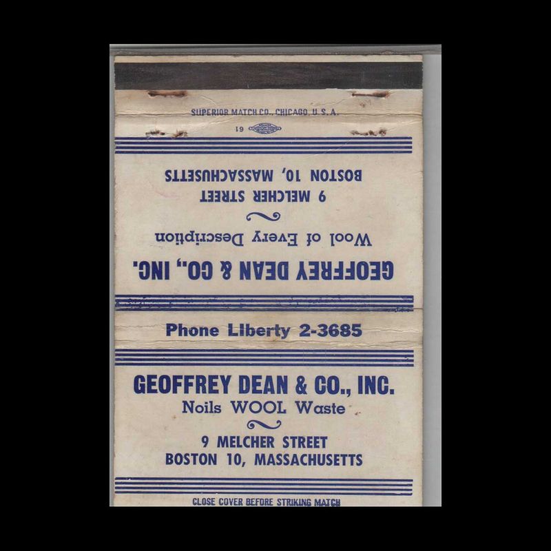 Geoffrey Dean &amp; Co. Inc Noils Wood Waste Boston MA #2 Vintage Matchbook Advertising Cover