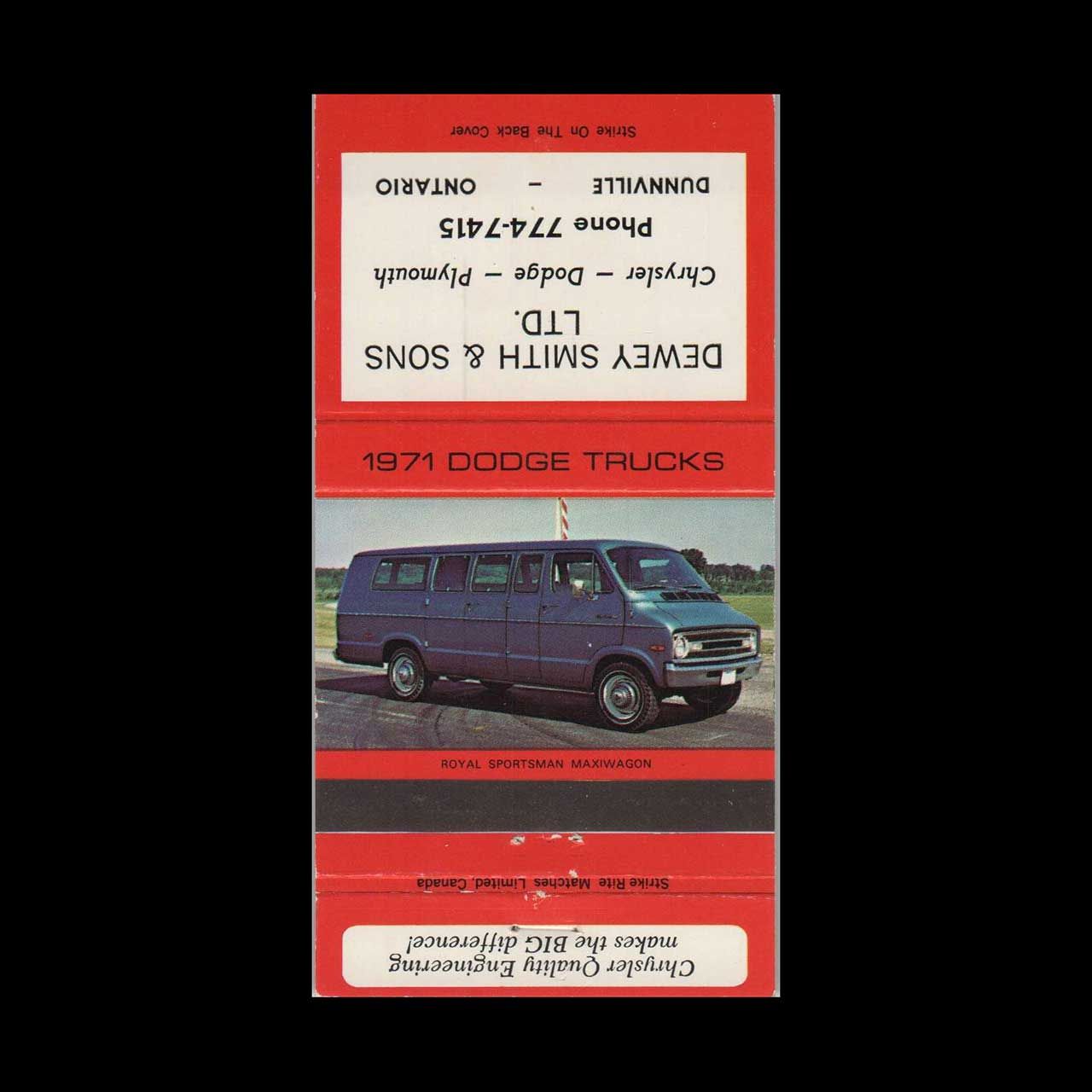 1971 Dodge Trucks Royal Sportsman Maxiwagon Vintage Matchbook Advertising Cover