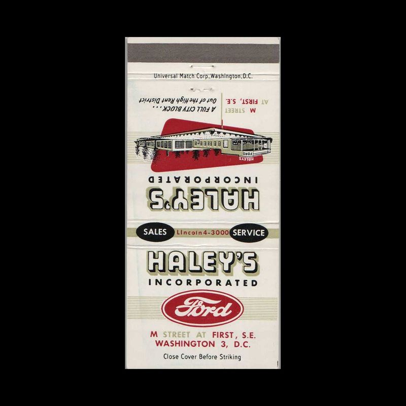 Ford Dealer Haley&#39;s Ford Washington, DC Vintage Matchbook Advertising Cover