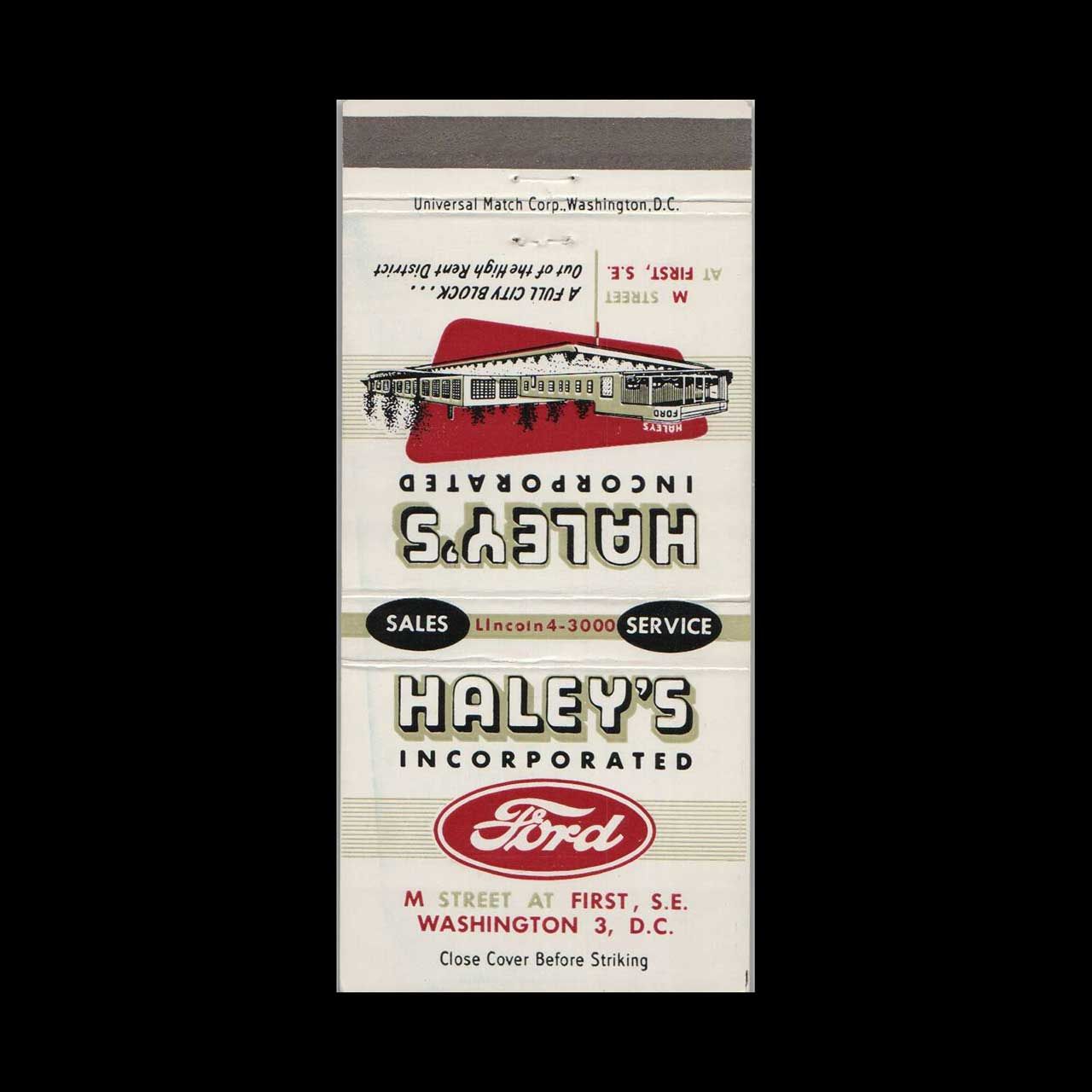 Ford Dealer Haley&#39;s Ford Washington, DC Vintage Matchbook Advertising Cover