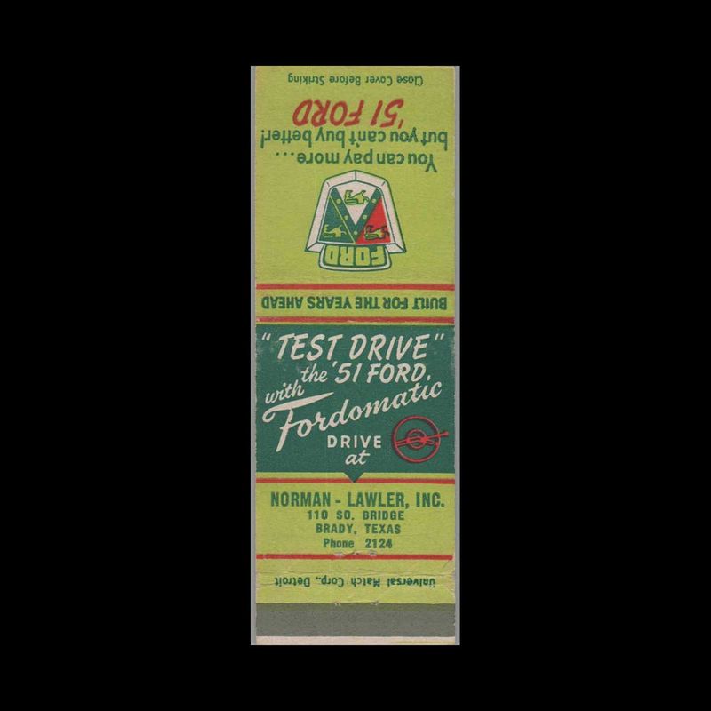 1951 Ford Dealer Norman - Lawler Brady, TX Vintage Matchbook Advertising Cover