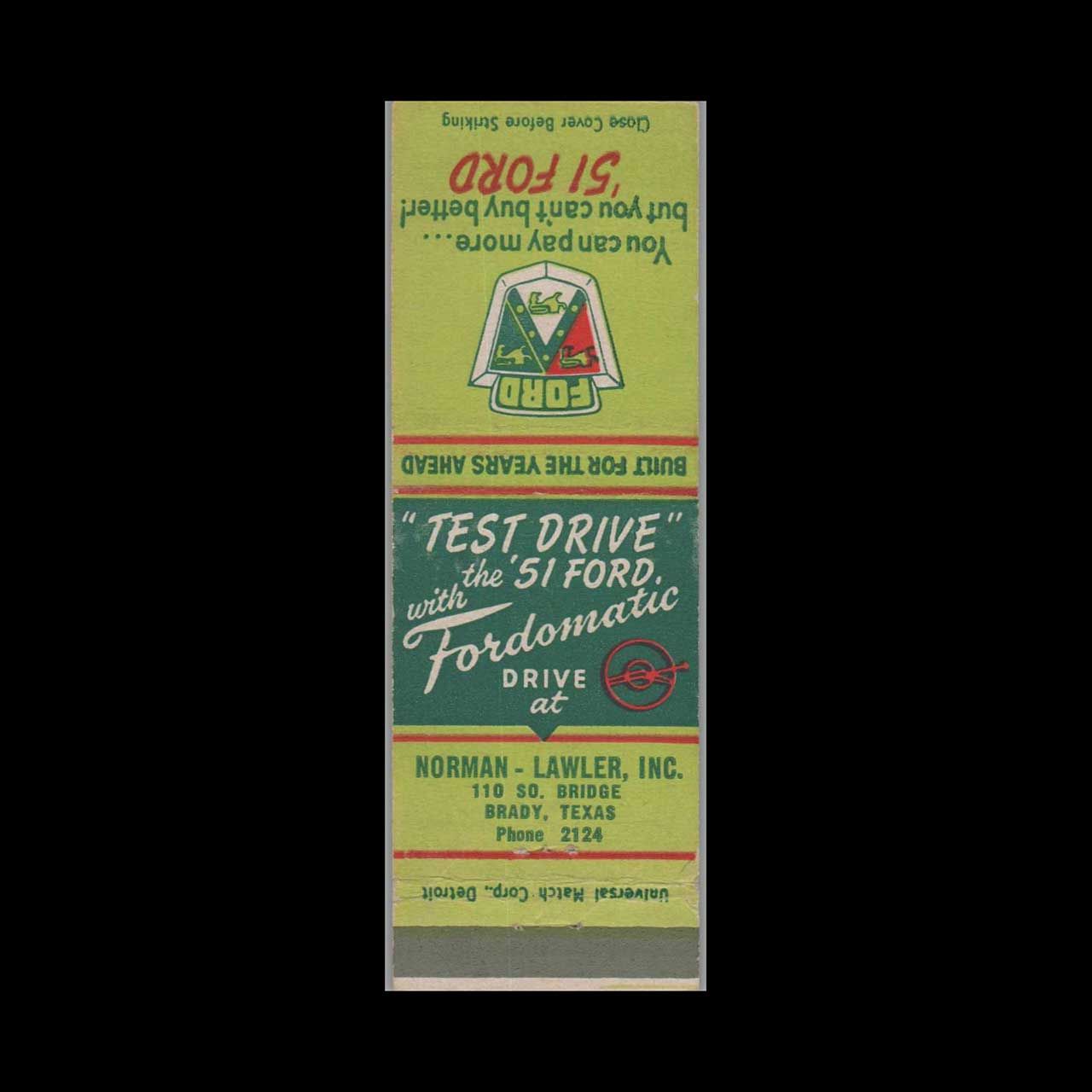 1951 Ford Dealer Norman - Lawler Brady, TX Vintage Matchbook Advertising Cover