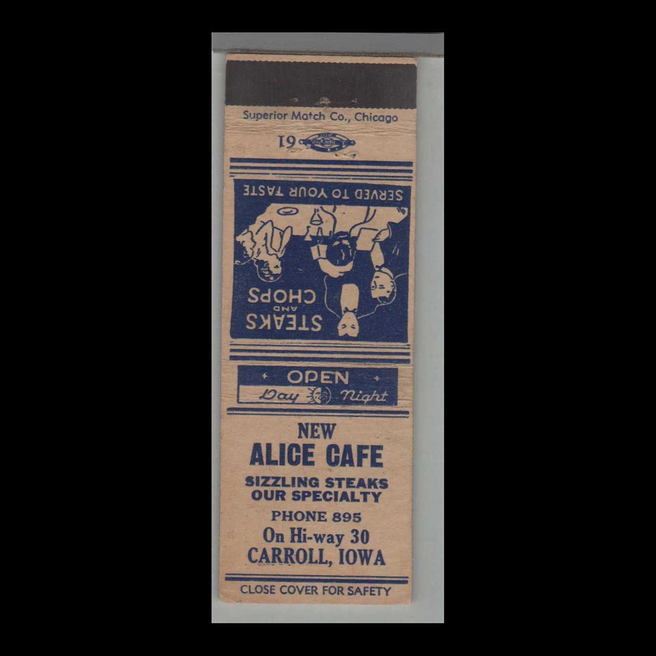 New Alice Cafe Carroll, IA Vintage Matchbook Advertising Cover