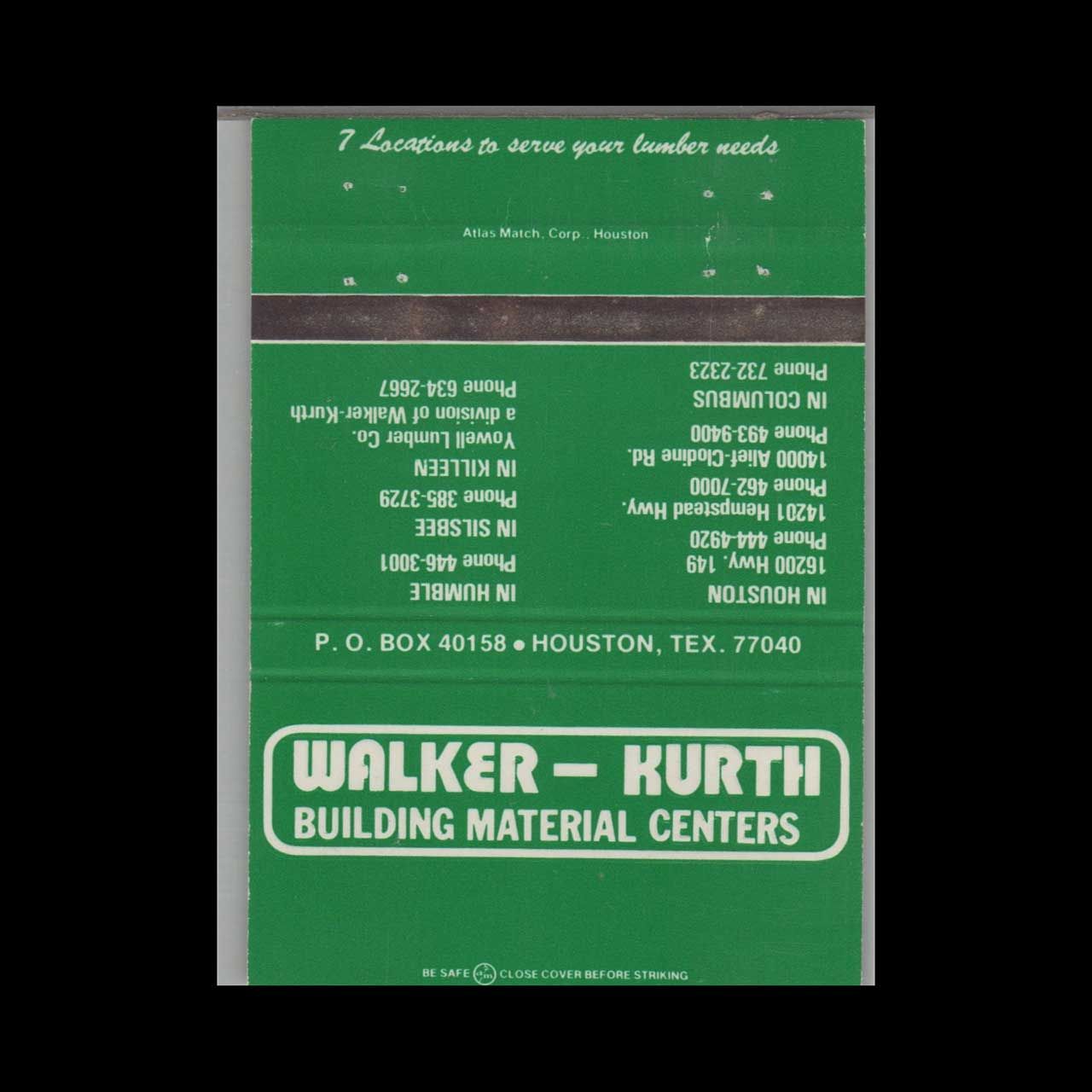 Walker-Kurth Houston TX Building Materials Vintage Matchbook Advertising Cover