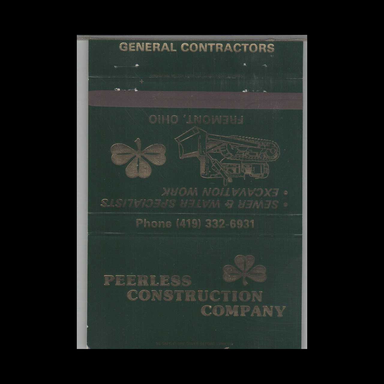 Peerless Construction Company Fremont OH Vintage Matchbook Advertising Cover