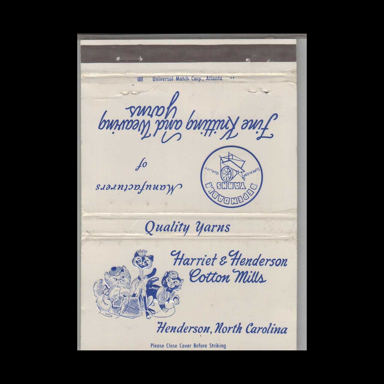 Harriet &amp; Henderson Cotton Mills Henderson NC #2 Vintage Matchbook Advertising Cover