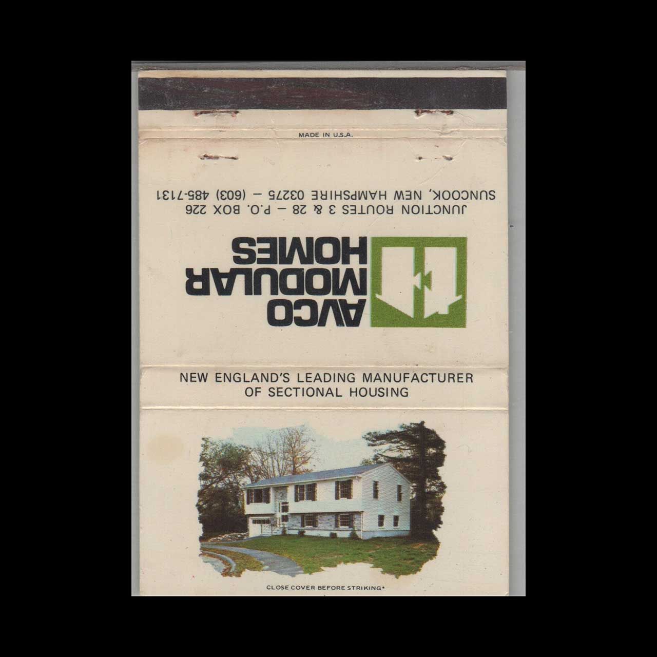 Avco Modular Homes Suncook NH Vintage Matchbook Advertising Cover
