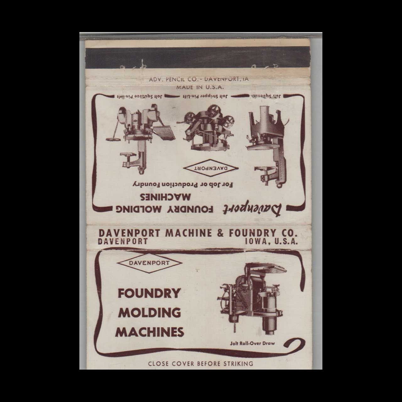 Davenport Machine and Foundry Co IA Vintage Matchbook Advertising Cover