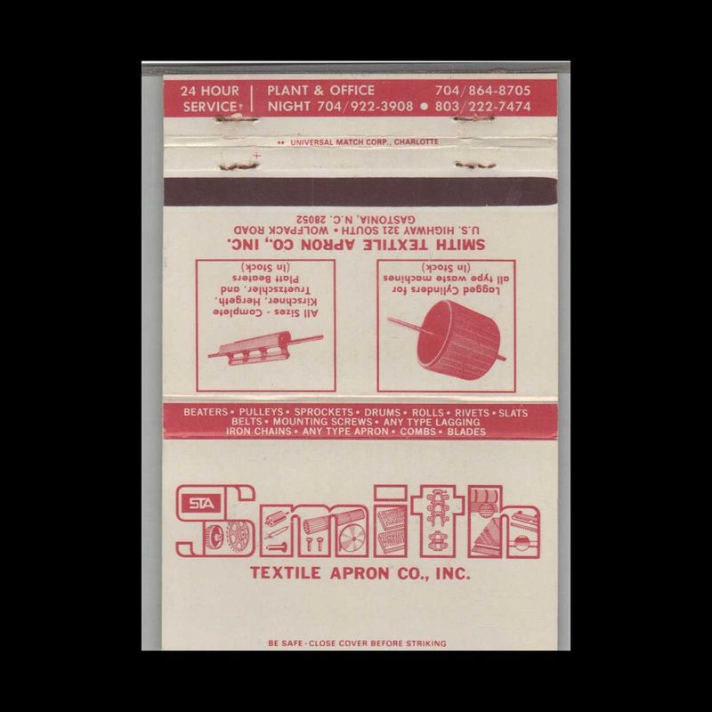 Smith Textile Apron Co Inc Gastonia NC Vintage Matchbook Advertising Cover