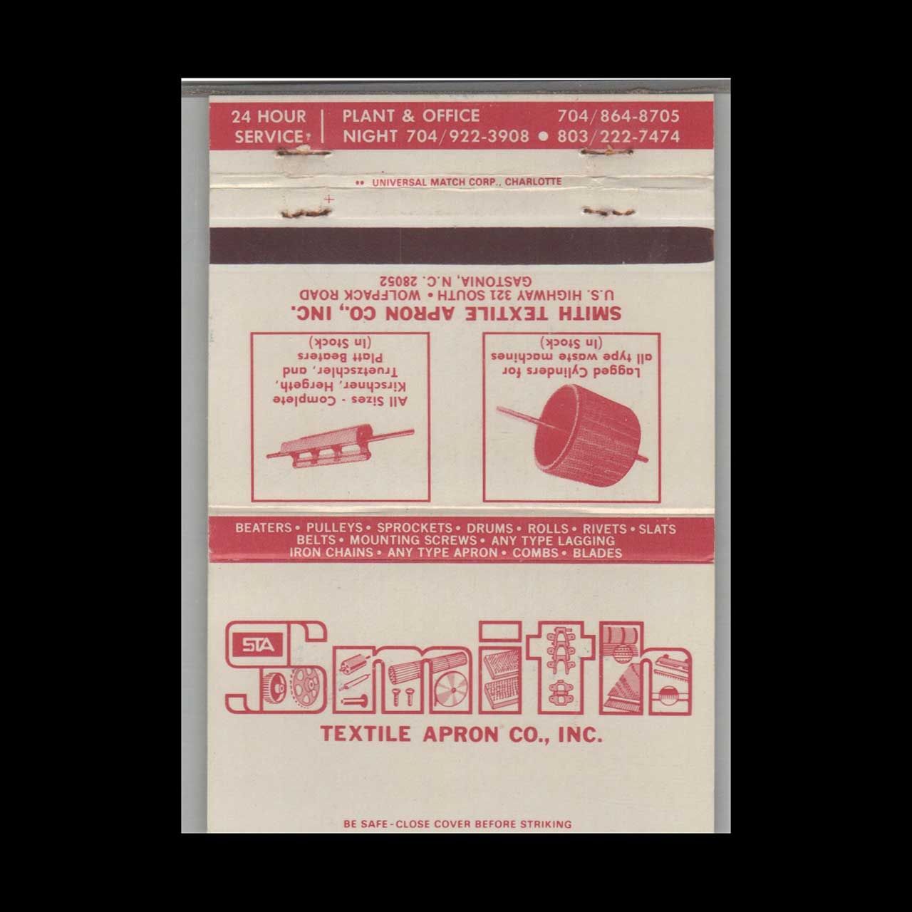 Smith Textile Apron Co Inc Gastonia NC Vintage Matchbook Advertising Cover