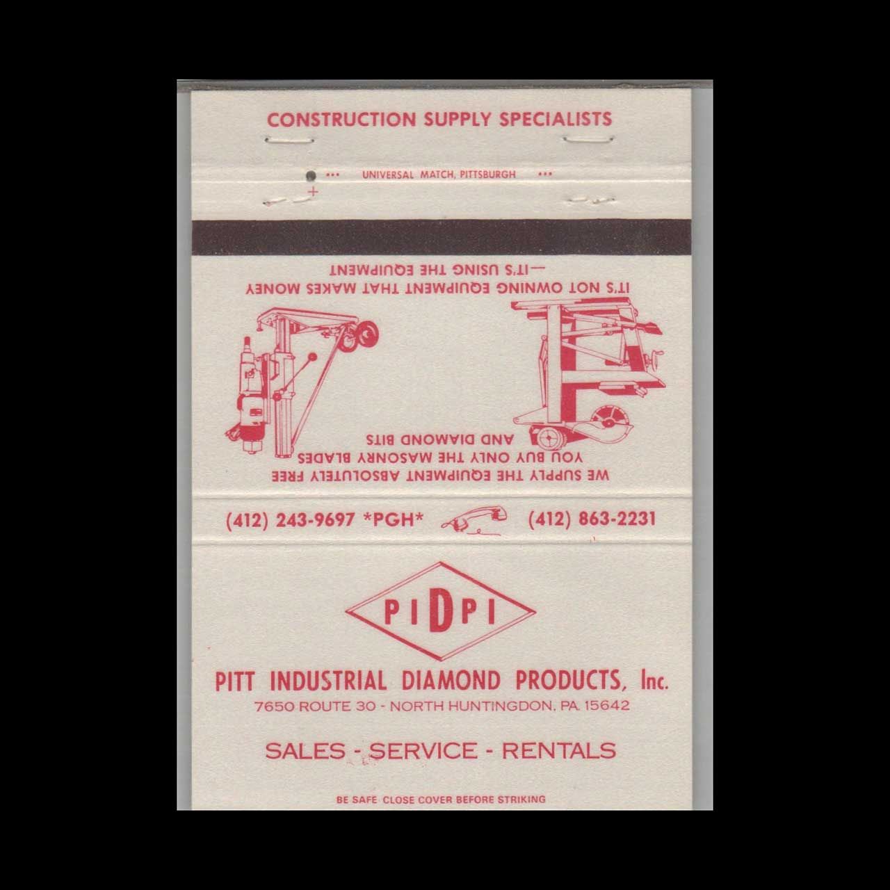 Pitt Industrial Diamond Products North Huntingdon PA Vintage Matchbook Advertising Cover